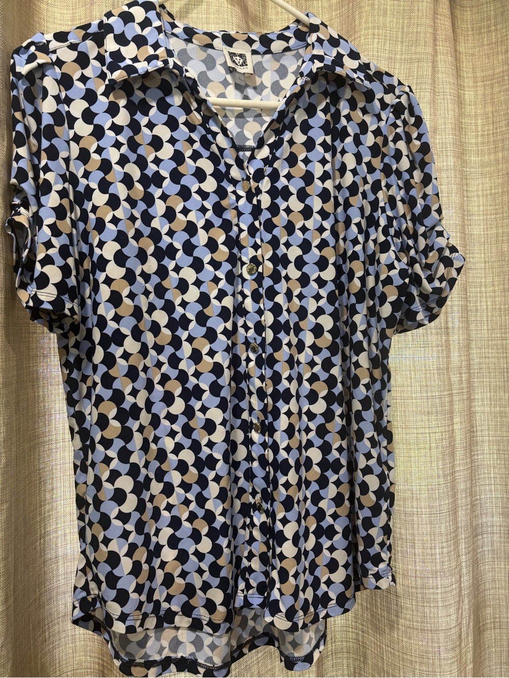 Anne Klein Navy, Light Blue & Cream Geometric Short-Sleeve Blouse
